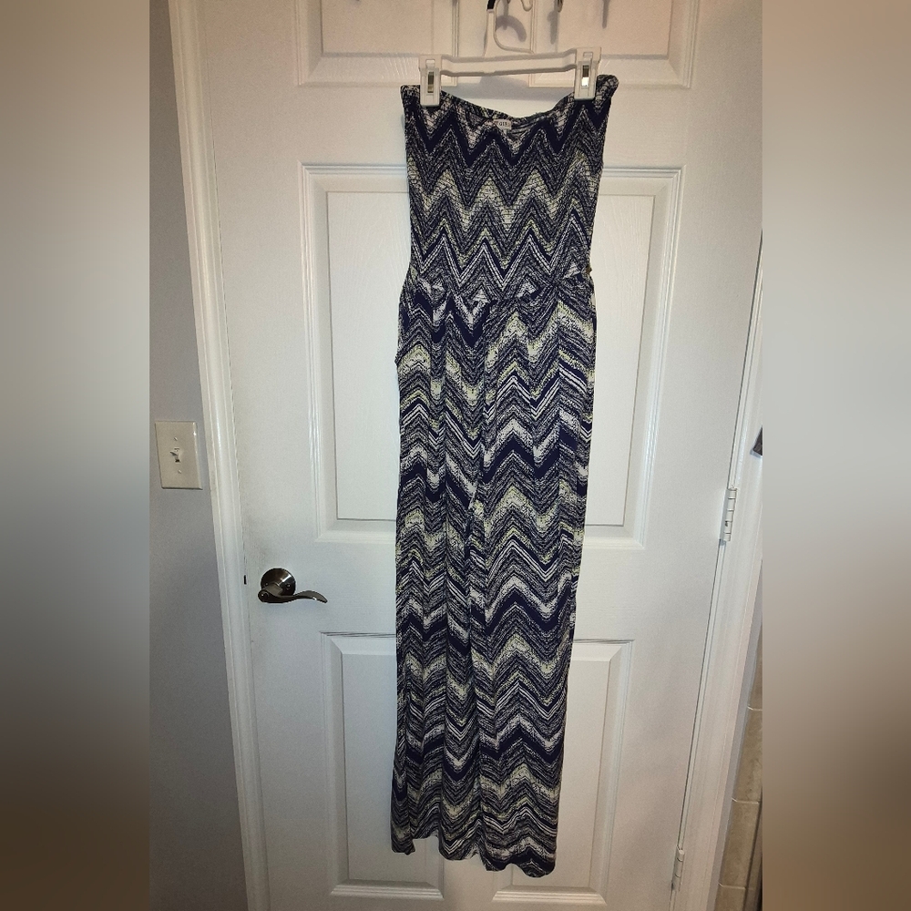Guess Navy and Beige Chevron Strapless Jumpsuit